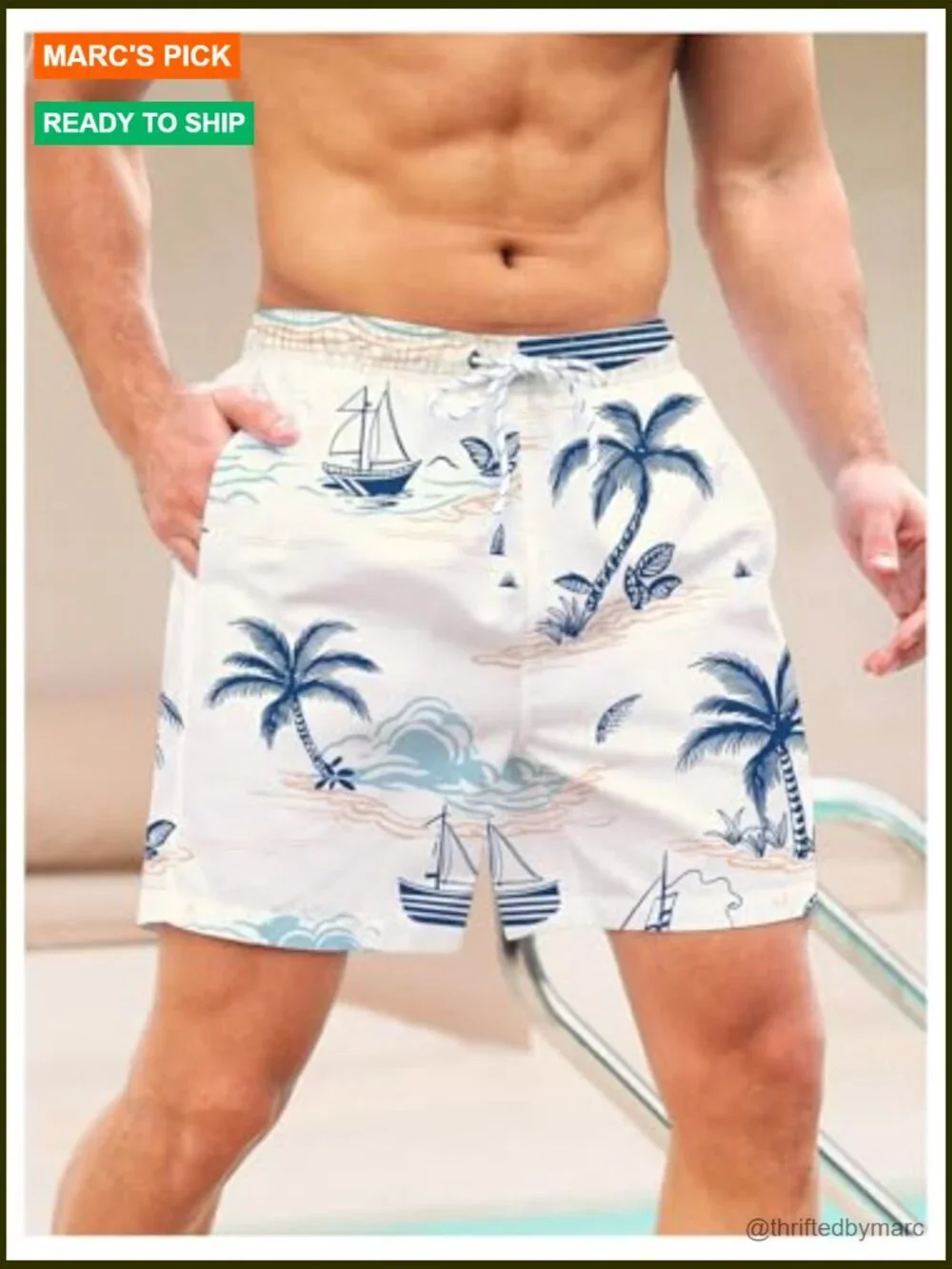 Men's Swim Trunks with Pockets Drawstring Palm Tree Quick Dry